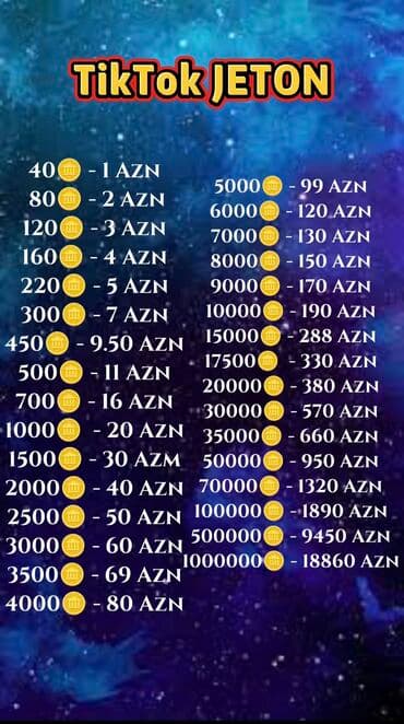 TikTok Jeton satışı Paketlər və qiymətlər: - 40 jeton – 1 AZN - 80