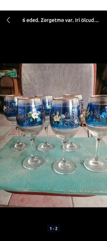 Şüşə qədəh dəsti – 6 ədəd - İri ölçülü ayaqlı qədəhlər - Kobalt-mavi