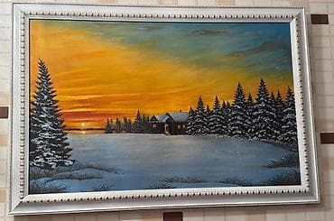 Qış mənzərəli tablo – çərçivəli - Mövzu: Qarlı meşədə gün batımı və