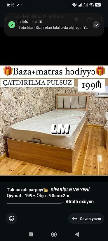 tek kravat: *Tək bazalı çarpayı*👑 _*SİFARİŞLƏ VƏ YENİ*_ *Qiymət : 199₼* Ölçü  — 1