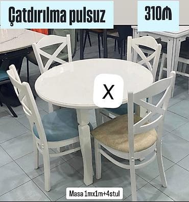balkon stul: Dairəvi yemək otağı dəsti: - Ağ rəngli 1 m x 1 m ölçülü masa - 4 ədəd — 1