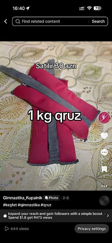 Qruz – 1 kq (gimnastika üçün) - Növ: bilək və ya ayaq üçün taxılan lalafo.az -da Qruz – 1 kq (gimnastika üçün) - Növ: bilək və ya ayaq üçün taxılan