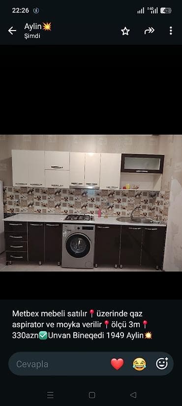 Metbex mebeli satılır📍üzerinde qaz aspirator ve moyka verilir📍ölçü — 1