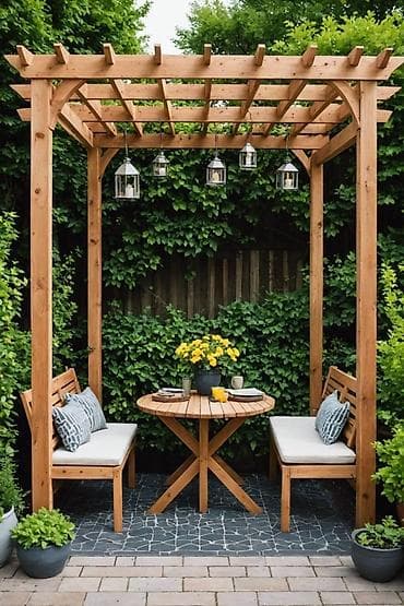 xalca sekilleri: Bağ üçün taxta pergola – dekorativ işıqlandırmalı, teraslı Məhsul — 6