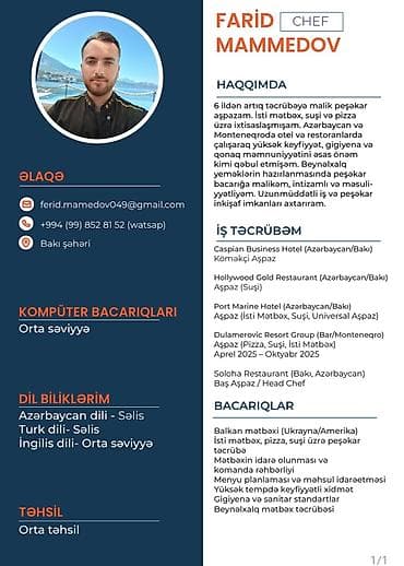 donər ustası: Suşi ustası, Kişi, 5 ildən artıq təcrübə — 1