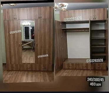 taxta polkalar: 1.Mebel: Geniş paltar şkafı, güzgülü model Ölçülər: 240/160/45 sm — 1