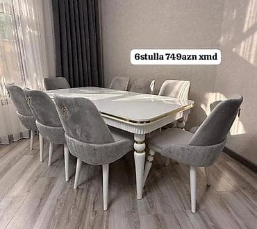 Yemək otağı dəsti – 6 stul + masa - Rəng: ağ masa, boz məxmər — 1
