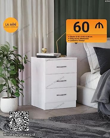 Ağ rəngdə minimal dizaynlı yataq otağı tumbası - Model: 3 çekmecəli