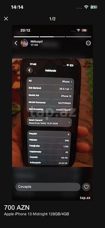 iphone 12 mini 128: IPhone 13, 128 GB, Midnight, Zəmanət, Barmaq izi, Face ID — 3
