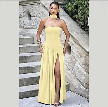 Zərif sarı rəngdə uzun ziyafət donu - Model: çiyinbağı olmayan, boru
