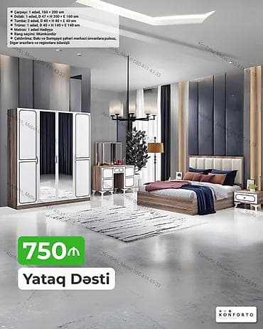 Yataq Dəsti – 750 ₼ Komplektin tərkibi və ölçülər: - Çarpayı: 1 ədəd — 1