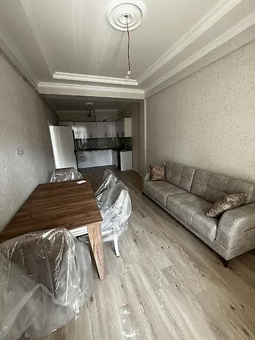 ağdaşda satilan evler: 1 otaqlı mənzil – açıq mətbəxli studio plan - Geniş işıqlı zal: divan — 1