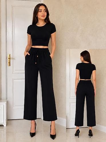 ayaqq: Qadın iki hissəli dəst – qısa qollu crop top + geniş kəsimli şalvar - — 1