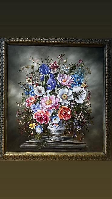 ev ucun dekorlar: Yağlı boya tablo – “Çiçəkli Natürmort” 74 х 67 çərçivə ilə ( 87 x 80 — 1