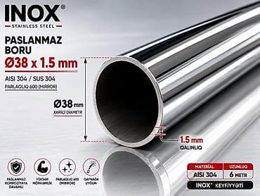 suvarma borulari: INOX paslanmaz boru – AISI 304 (SUS 304) - Ölçü: Ø38 x 1.5 mm - — 1
