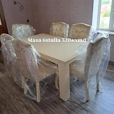 bağ ucun stollar: Yemək otağı dəsti – 1 masa + 6 stul Mətn üzərində qeyd: “Masa 6 stulla — 1