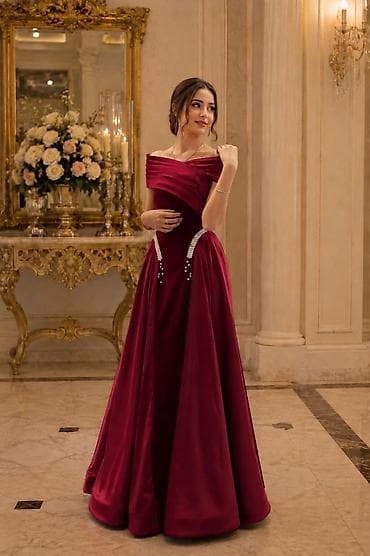 Bordo rəngdə ziyafət/libas - Model: uzun, A-kəsimli, ətəkli -