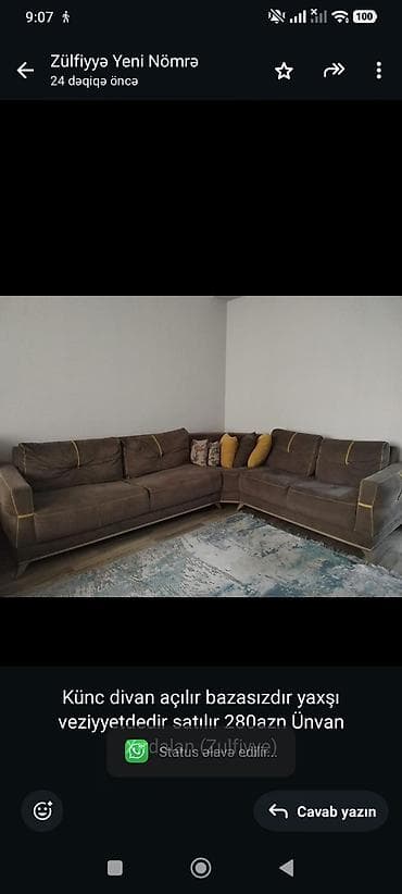 Künc divan açılır bazasızdır yaxşı veziyyetdedir satılır 280azn Ünvan — 1
