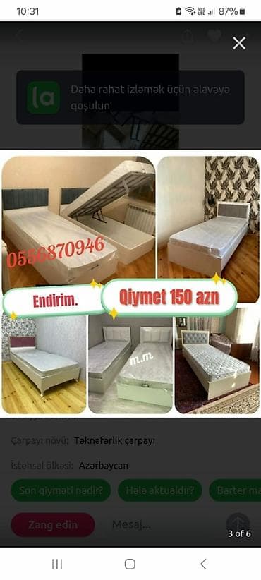 Yeni, Təknəfərlik çarpayı, Bazasız, Matras ilə, Siyirməsiz, Rusiya