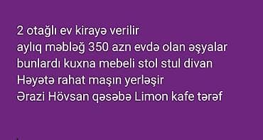 Hövsan qəsəbəsi, Limon kafe tərəfdə 2 otaqlı ev kirayə verilir. -