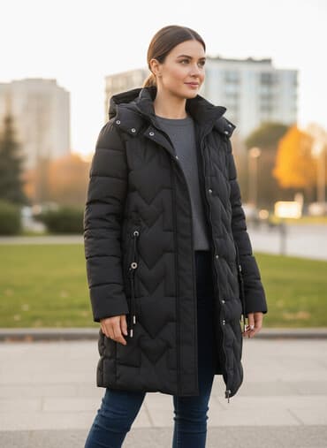 Qadınlar üçün uzun şişmə qış palto - Rəng: qara - Model: kapüşonlu