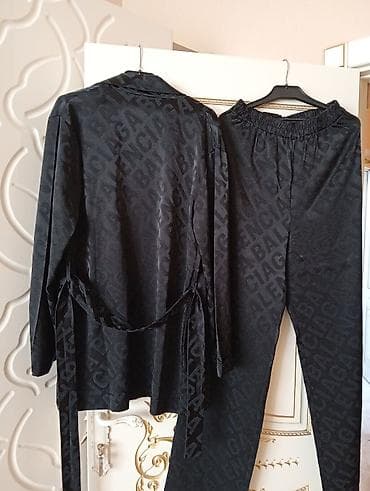 Qadın geyimləri: Qadın pijama stildə şalvar + kimano dəsti – qara rəng, atlas parça - — 5