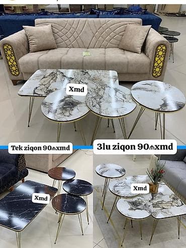 Mərmər naxışlı sehpə dəsti - Dizayn: Dairəvi və kvadrat formalı