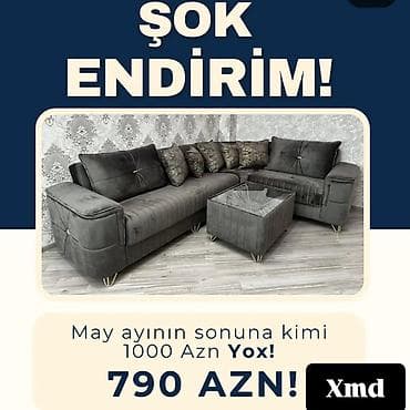 Şok endirimli künc divan dəsti - Rəng: tünd boz - Komplekt: L formalı