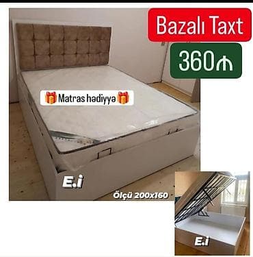 Bazalı taxt – ölçü 200x160 sm. Yumşaq, kvadrat tikişli başlıq, açılan