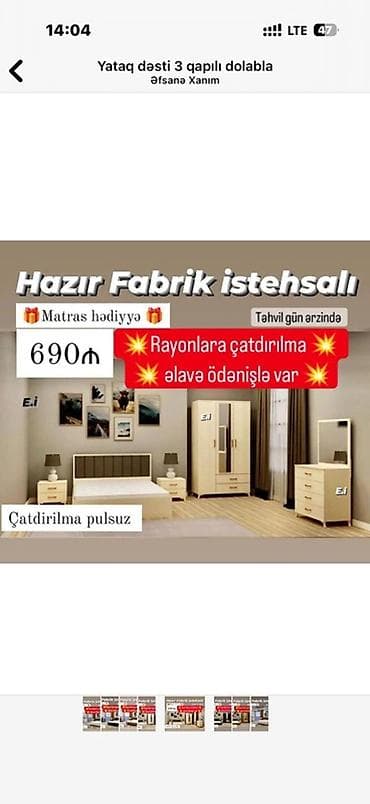 Yataq otağı dəsti – cəmi 759₼ Dəst tərkibi: - Taxt (200×160 sm) — 10