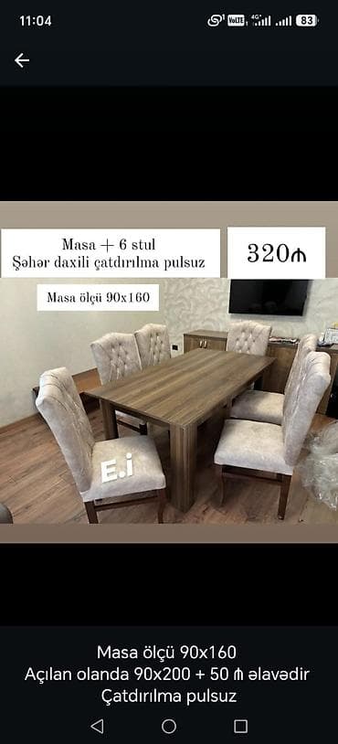 Masa + 6 stul dəsti - Masa ölçüsü: 90x160 sm - Açılan model