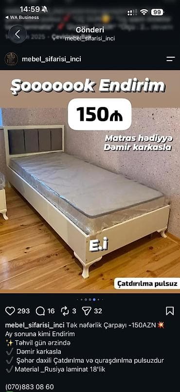 tek taxtlar: Tək nəfərlik çarpayı - Qiymət: 150 AZN - Matras hədiyyə - Dəmir — 1