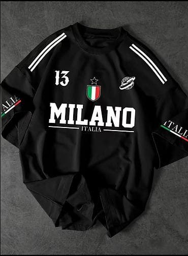 Kişi geyimləri: Qara “MILANO ITALIA” temalı qısaqol futbolka - Rəng: tam qara, ağ — 1