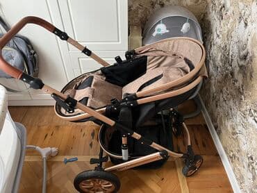 прогулочные коляски peg perego si completo: Uşaq arabası – bej/qızılı rəng tonlarında, naxışlı parça və dəri — 1