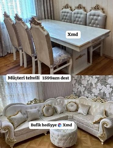 divan ustu: Klassik üslubda tam dəst mebel - Zərif qızılı naxışlarla işlənmiş — 1