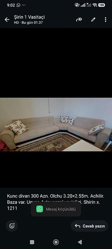 Kunc divan 300 Azn. Olchu 3.20×2.55m. Achilir. Baza var. Unvan — 1