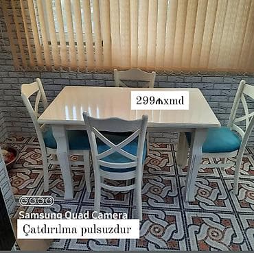masa taxta: Ağ rəngdə yemək dəsti: - 1 ədəd düzbucaqlı masa, klassik formalı oyma — 1