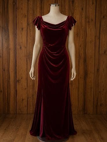 Qırmızı məxməri uzun ziyafət geyimi - Material: yumşaq, parıltılı — 1