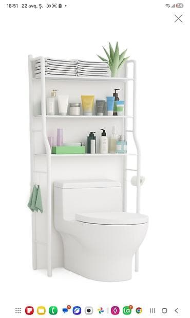 Tualet üstü rəf sistemi – minimalist dizaynlı, ağ rəngdə, vanna — 1