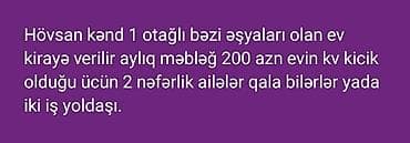 ev satiram type 0: Hövsan kəndində 1 otaqlı, bəzi əşyaları olan kirayə ev. Mənzil — 1