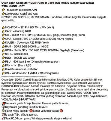 Masaüstü kompüterlər və iş stansiyaları: Oyun üçün Kompüter "DDR4 Core i5 7500 8GB Ram GTX1650 4GB 128GB — 4