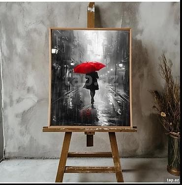 mini led: Rəsm tablo – “Qırmızı çətirli qadın” - Ölçü: 40x50 sm - Texnika — 4