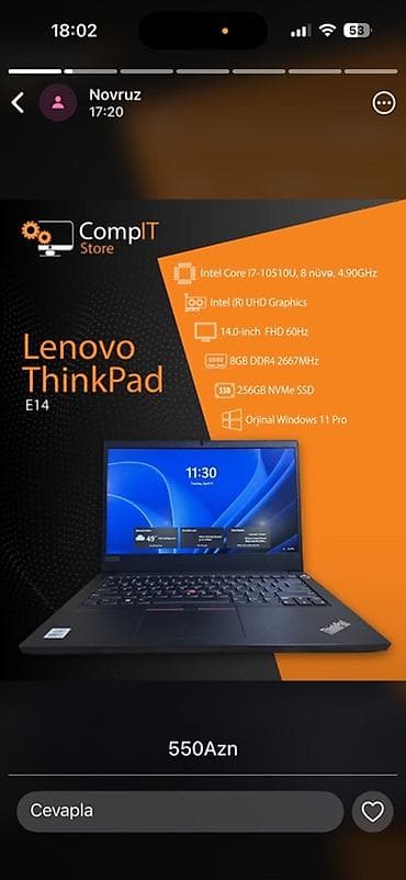 Lenovo ThinkPad, 14 ", Intel Core i7, 256 GB