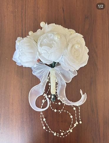 ucuz gül: Ağ rəngli gəlin buketi – zərif süni çiçəklərdən hazırlanıb. Çatdırılma — 2