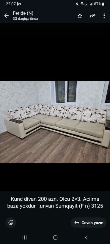 ehmedlide kiraye evler 200 azn: Künc divan, Açılmayan, Bazasız, Parça — 1