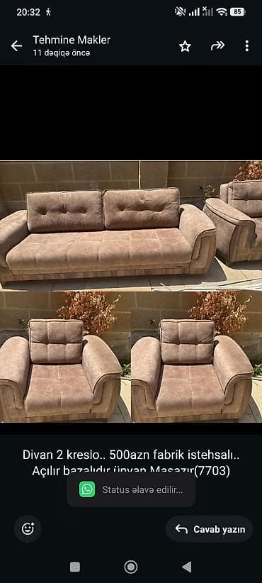 Divan 2 kreslo. 500azn fabrik istehsalı. Açılır bazalıdır ünvan
