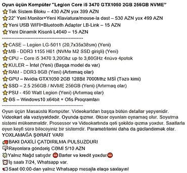 apple notebook: Oyun üçün Kompüter "Legion Core i5 3470 GTX1050 2GB 256GB NVME” ⭐Tək — 5