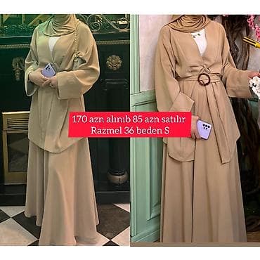 yun svitertlər: Bej rəngli, zərif iki hissəli dəst: - Uzun ətək və geniş qollu üst — 1