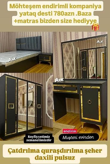 2 təknəfərlik çarpayı, Komod, Dolab, 2 tumba, Yeni