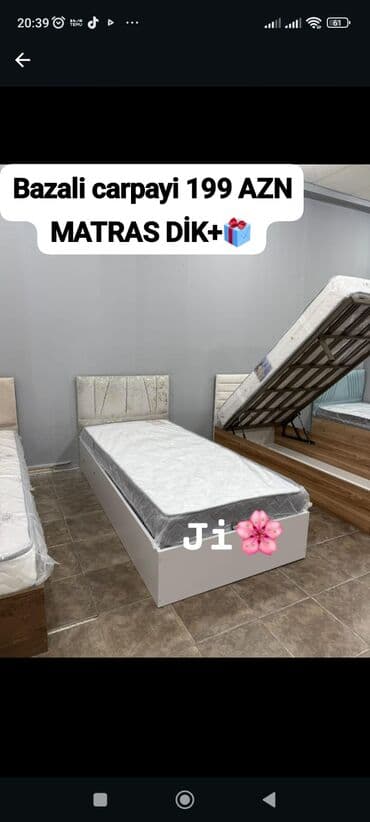 demir krafat: Tək çarpayı+matras 😍 Qiymət : 199AZN Ölçü 90x2m* alti demir Rəng — 1